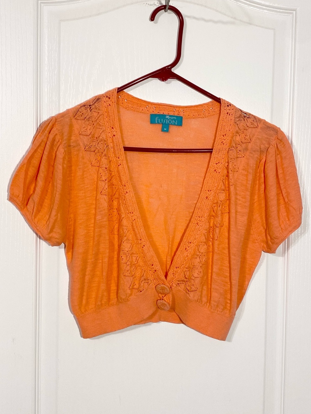 Y2K Monsoon Fusion Crochet Trim Short Puff Sleeve Cropped Cardigan Orange Medium